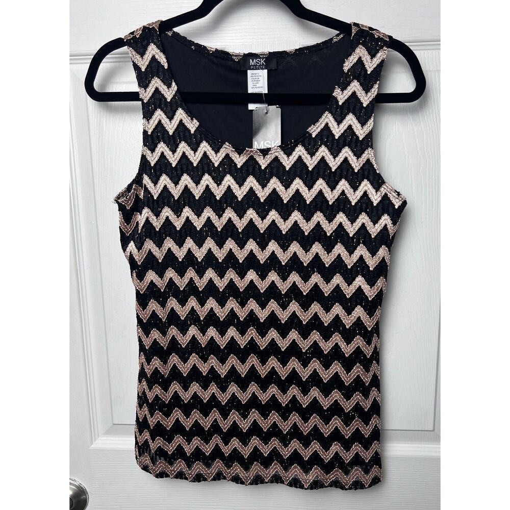 MSK Petites Lace Overlay Sleeveless Tank Top Black Gold Women's Size PL